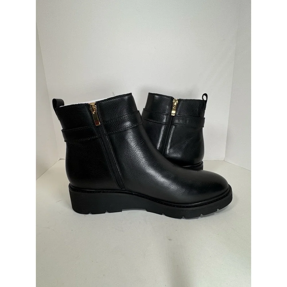 Franco Sarto Meridian Bootie Womens Size 10 Lug Sole Black Gold Buckle Fall New